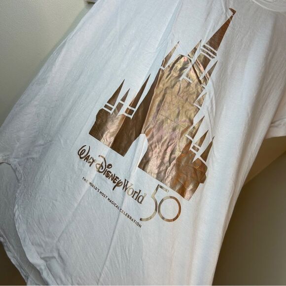 Walt Disney World 50 Years White Shirt Rose Gold Metallic Castle Women's M - Picture 3 of 7
